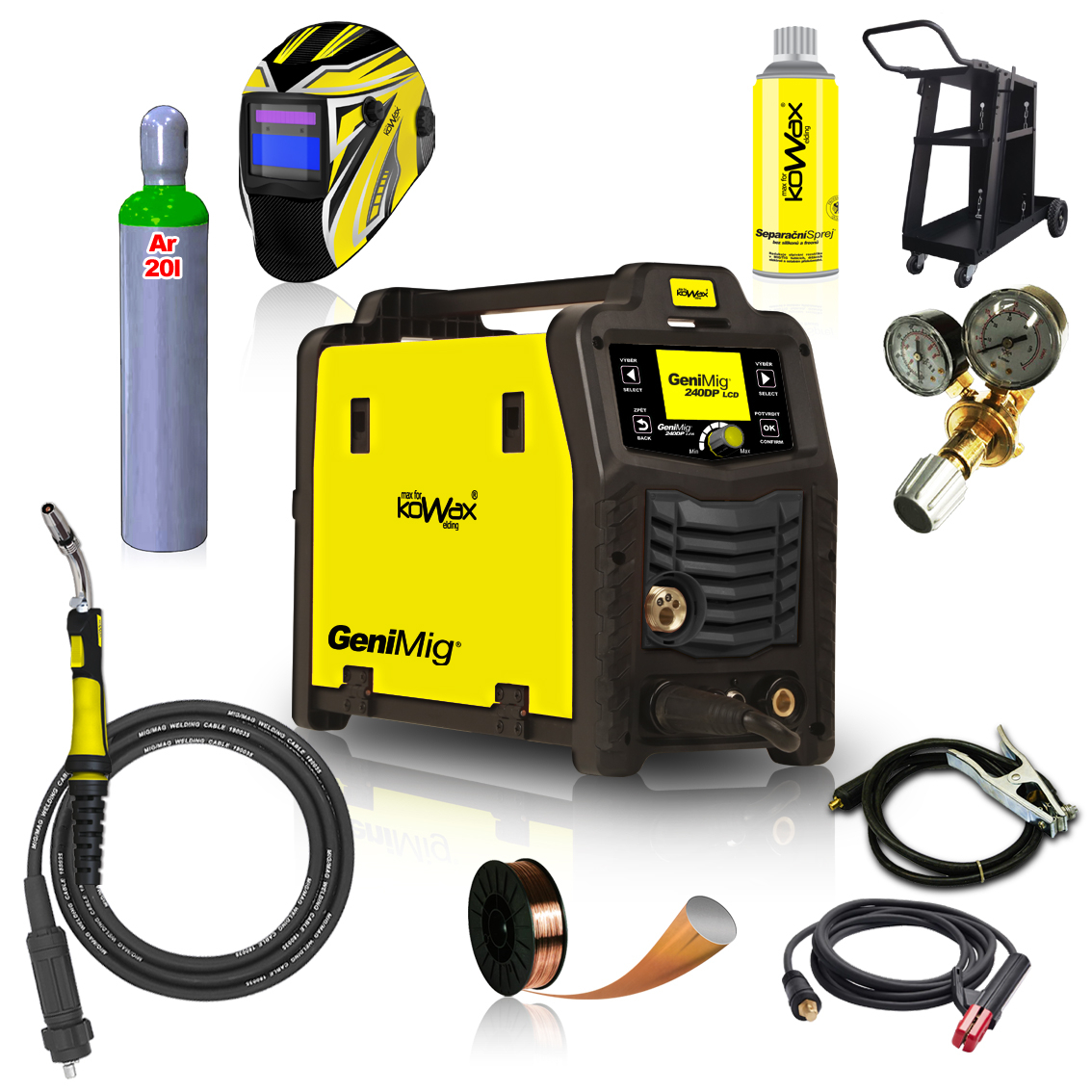 Levně KOWAX GeniMig240DP LCD + Hořák + Kukla + Ventil + Podvozek + plná Argon Láhev + Sprej + 5kg drát + Kabely KWXSTGM240DP_S06A