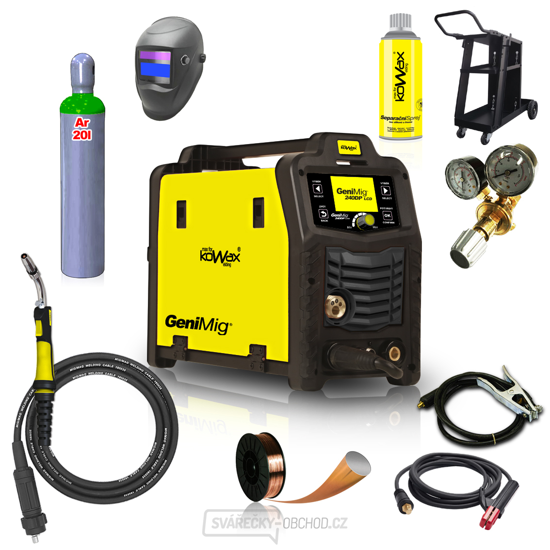 KOWAX GeniMig®240DP LCD + Hořák + Kukla + Ventil + Podvozek + plná Argon Láhev + Sprej + 5kg drát + Kabely