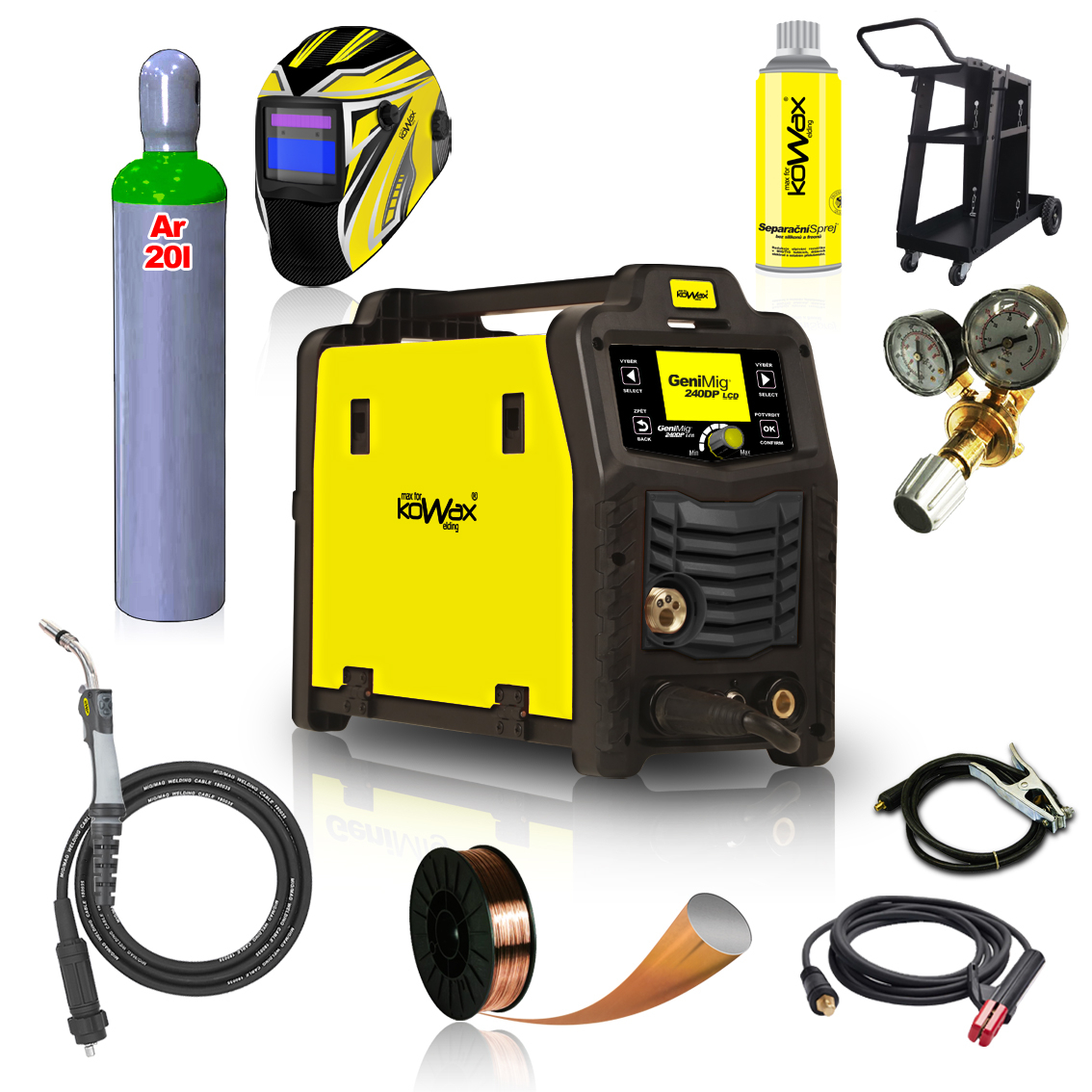 KOWAX GeniMig240DP LCD SET + Hořák + Kukla + Ventil + Podvozek + plná Argon Láhev + Sprej + 5kg Drát + Kabely KWXSTGM240DP_S06Q