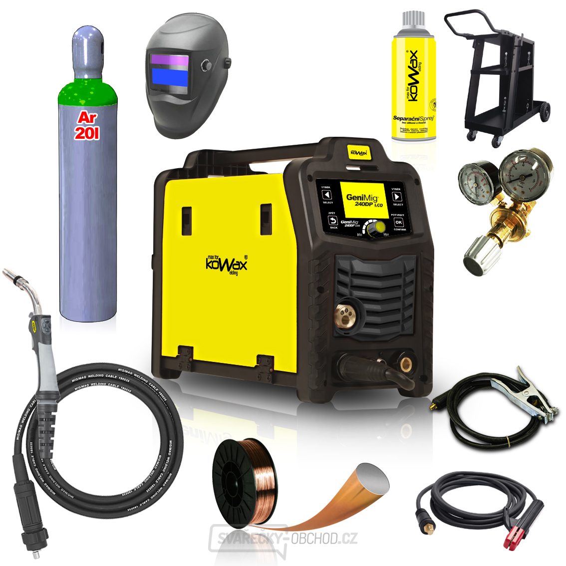 KOWAX GeniMig®240DP LCD SET + Hořák + Kukla + Ventil + Podvozek + plná Argon Láhev + Sprej + 5kg Drát + Kabely