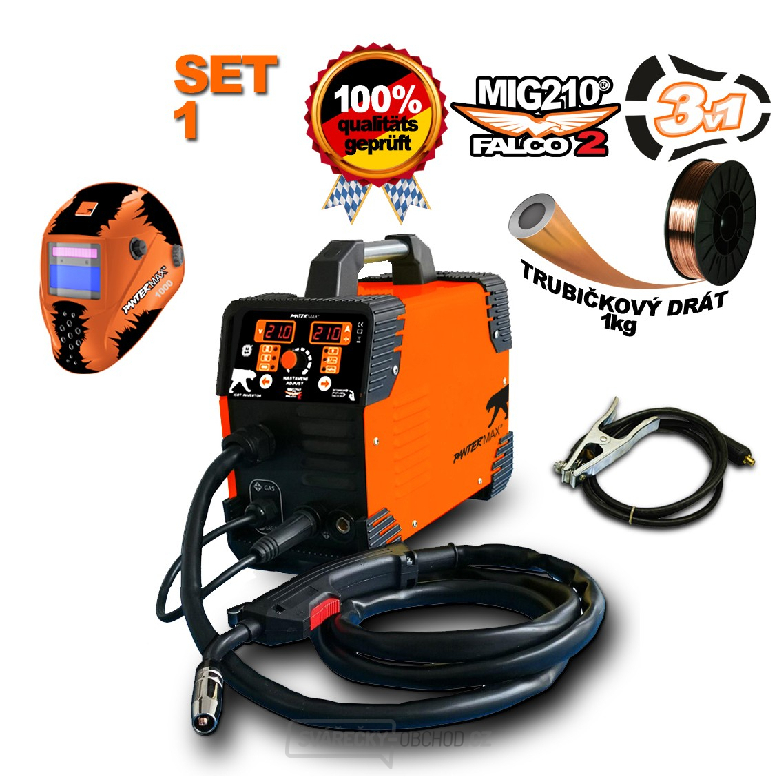 PANTERMAX MIG210FALCO 2 invertorová svářečka MIG/MMA  Kukla + Kabely 2m + Hořák + Drát 1kg