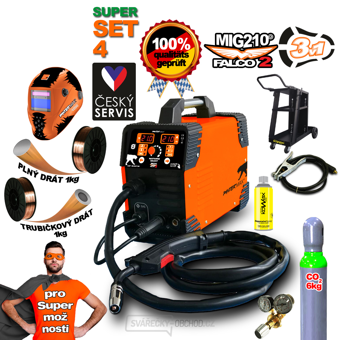 PANTERMAX MIG210FALCO 2 invertorová svářečka MIG/MMA + Kukla + Kabely 2m + Hořák + Podvozek + Red. Ventil + plná Co2 láh