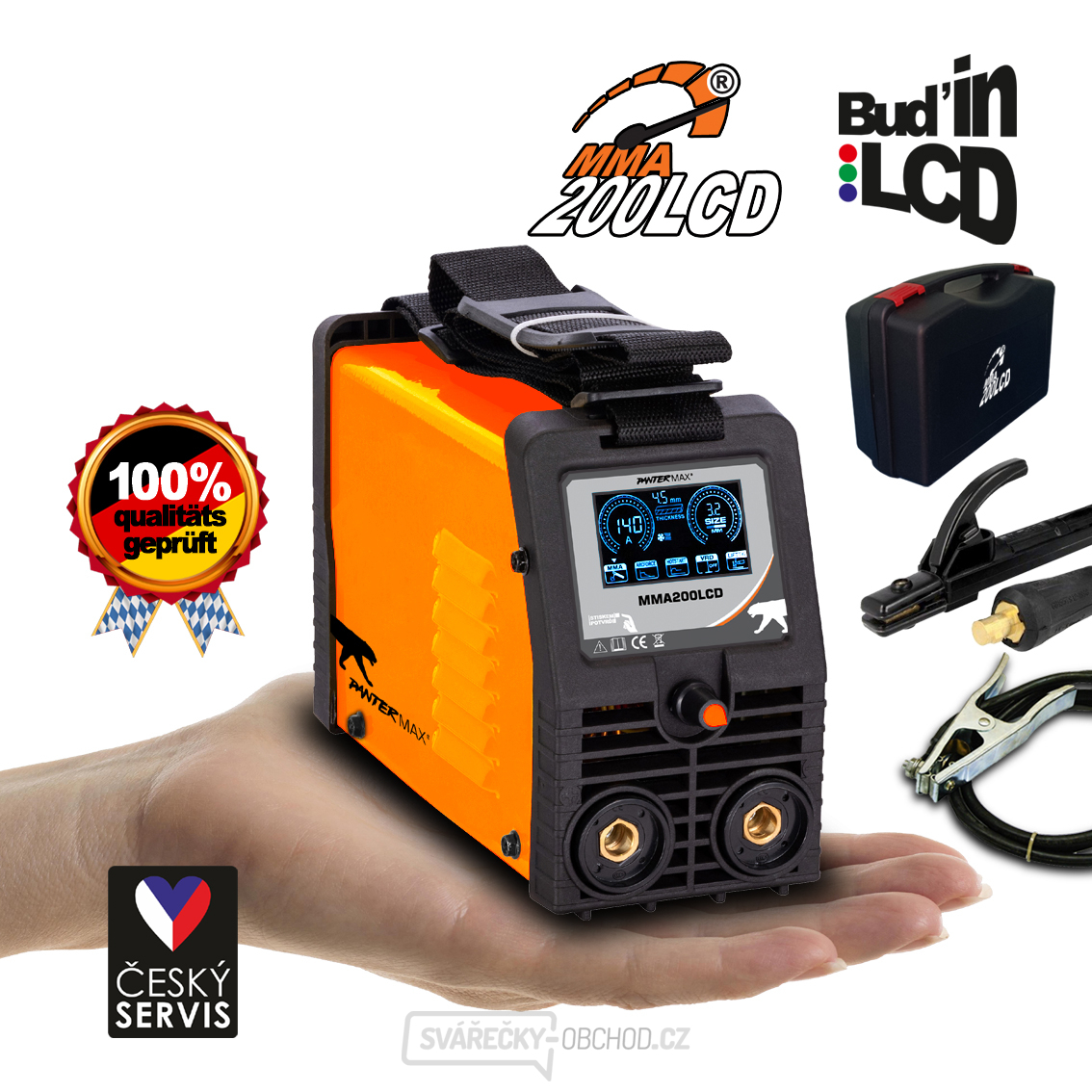 PANTERMAX MMA200LCD invertorová svářečka MMA/TIG + Kabely 2m + Plastový Kufr