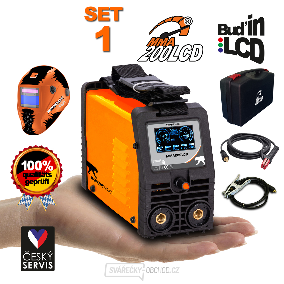PANTERMAX MMA200LCD invertorová svářečka MMA/TIG + Kabely 2m + Kukla + Plastový Kufr