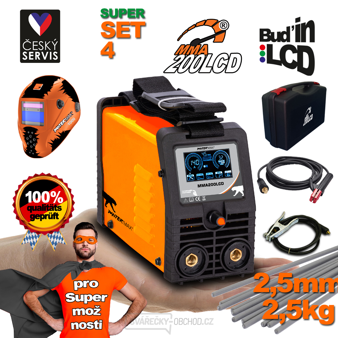 PANTERMAX MMA200LCD invertorová svářečka MMA/TIG + Kabely 2m + Kukla + Plastový Kufr + Elektrody 2.5kg