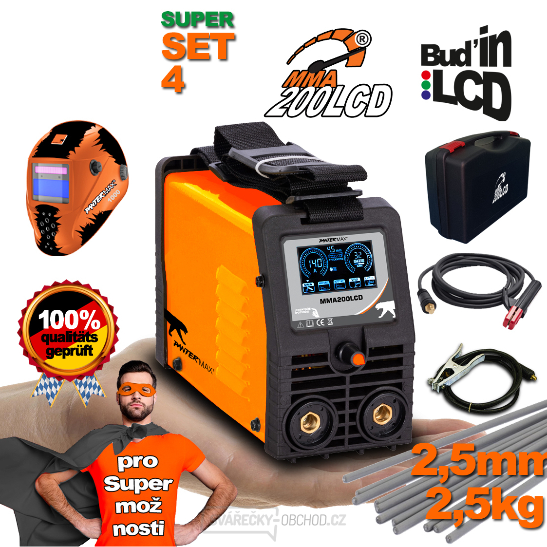 PANTERMAX MMA200LCD invertorová svářečka MMA/TIG + Kabely 2m + Kukla + Plastový Kufr + Elektrody 2.5kg