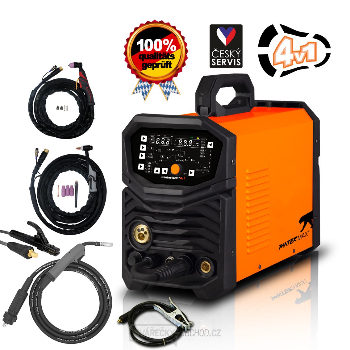 PANTERMAX PanterWeld®4v1 200 MULTIFUNKČNÍ invertorová svářečka MIG/TIG/MMA/PLAZMA + Kabely + Hořáky + Elektroda + Red. V