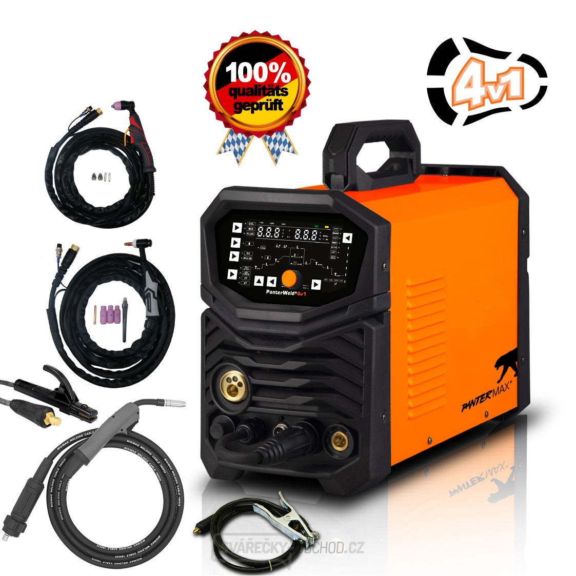PANTERMAX PanterWeld®4v1 200 MULTIFUNKČNÍ invertorová svářečka MIG/TIG/MMA/PLAZMA + Kabely + Hořáky + Elektroda + Red. V