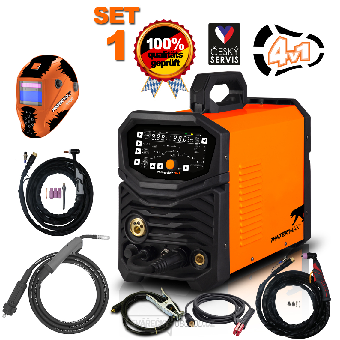 PANTERMAX PanterWeld®4v1 200 MULTIFUNKČNÍ invertorová svářečka MIG/TIG/MMA/PLAZMA + Kukla + Hořáky + Kabely + Elektroda 