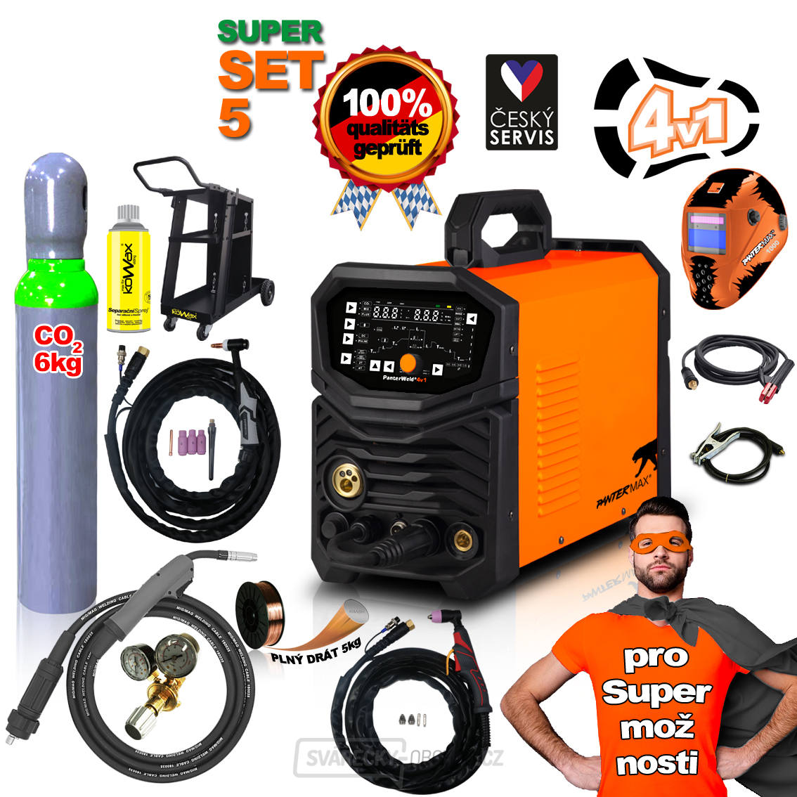 PANTERMAX PanterWeld®4v1 200 MULTIFUNKČNÍ invertorová svářečka MIG/TIG/MMA/PLAZMA + Kukla + Red. Ventil + Drát 5kg