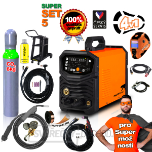 MULTIFUNKČNÍ invertorová svářečka MIG/TIG/MMA/PLAZMA SET5 PANTERMAX PanterWeld®4v1 200 + Kukla + Red. Ventil + Drát 5kg + Co2 Láhev plná + Podvozek + Sep. Sprej + Hořáky + Kabely + Elektroda