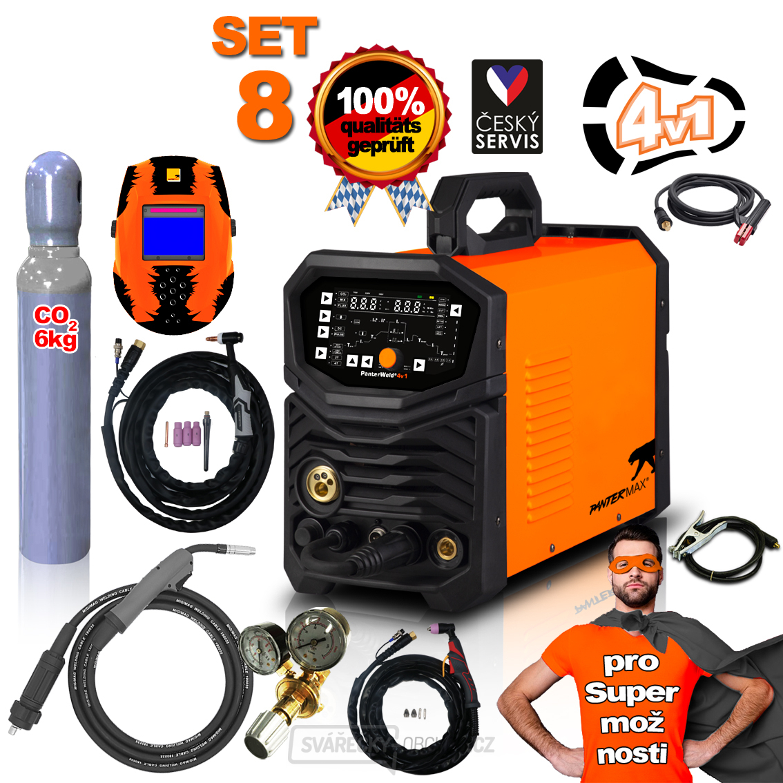 PANTERMAX PanterWeld®4v1 200 MULTIFUNKČNÍ invertorová svářečka MIG/TIG/MMA/PLAZMA + Kukla + Red. Ventil + plná Co2 Láhev