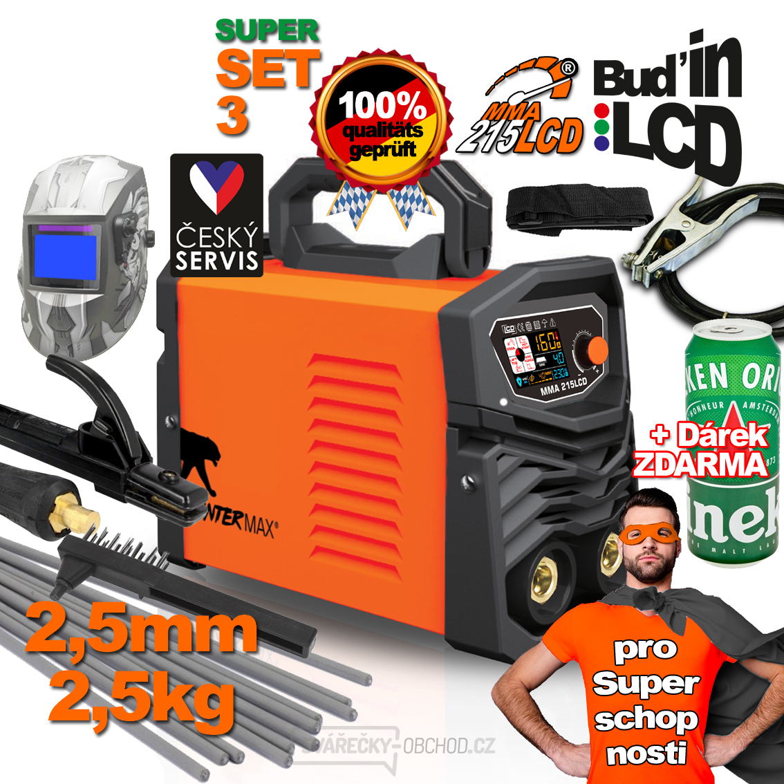 PANTERMAX MMA215LCD invertorová svářečka MMA/TIG + Kukla + Kabely + Kartáč + Popruh + Elektrody 2.5kg + Dárek