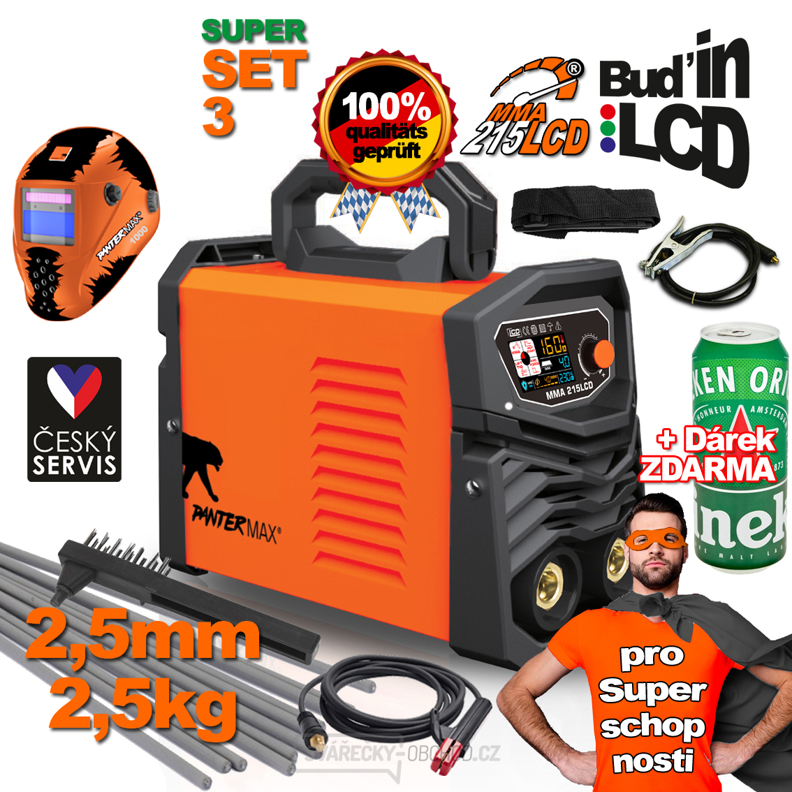 PANTERMAX MMA215LCD invertorová svářečka MMA/TIG + Kukla + Kabely + Kartáč + Popruh + Elektrody 2.5kg + Dárek