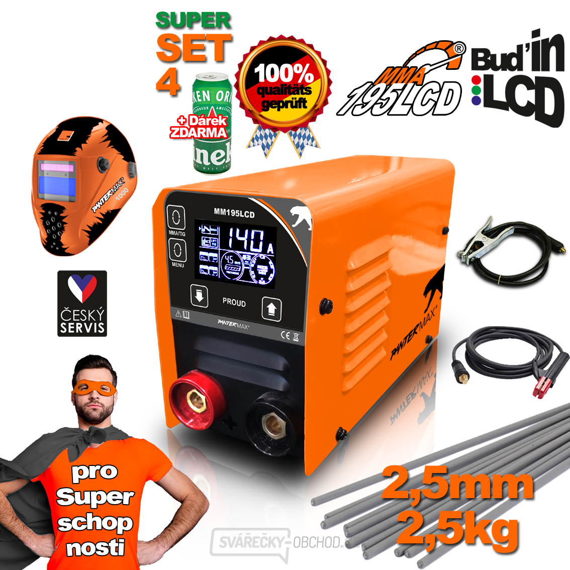 PANTERMAX MMA195LCD invertorová svářečka MMA/TIG + Kabely 1.5m + Kukla + Kartáč + Elektrody 2,5kg