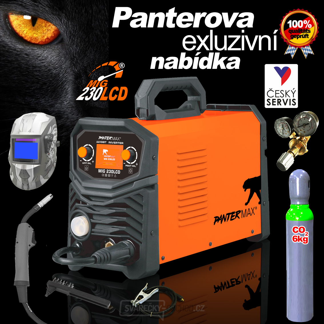 PANTERMAX MIG230LCD invertorová svářečka MIG/TIG/MMA + Kukla + Red. Ventil + plná Co2 Láhev + Hořák + Kabely + Kartáč