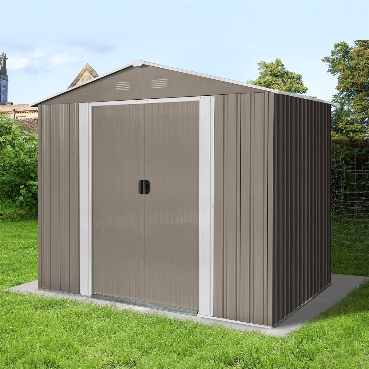 Riwall PRO RMSA 6x8 Brown zahradní domek kovový 2,4 x 1,7 m se sedlovou střechou hnědý SD-X0608-H170C-B