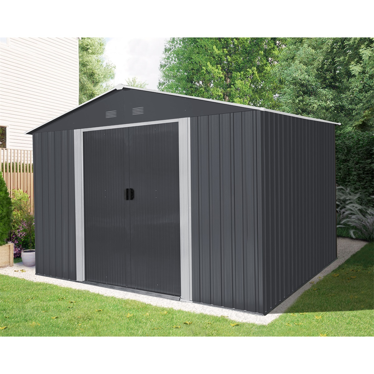 Riwall PRO RMSA 8x10 Anthracite zahradní domek kovový 3 x 2,4 m se sedlovou střechou antracit SD-X0810-H170C-A