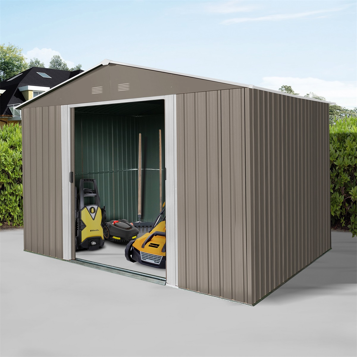 Riwall PRO RMSA 8x10 Brown zahradní domek kovový 3 x 2,4 m se sedlovou střechou hnědý