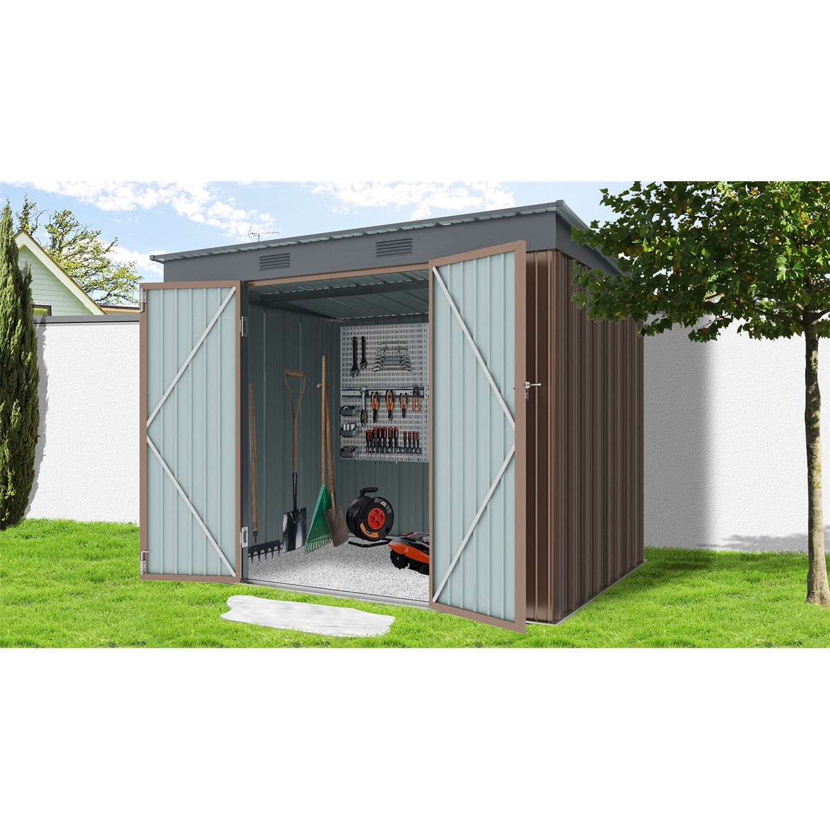 Levně Riwall PRO RMSP 6x8 Brown zahradní domek kovový 2,4 x 1,8 m s pultovou střechou hnědý SM-F68K-H158-B