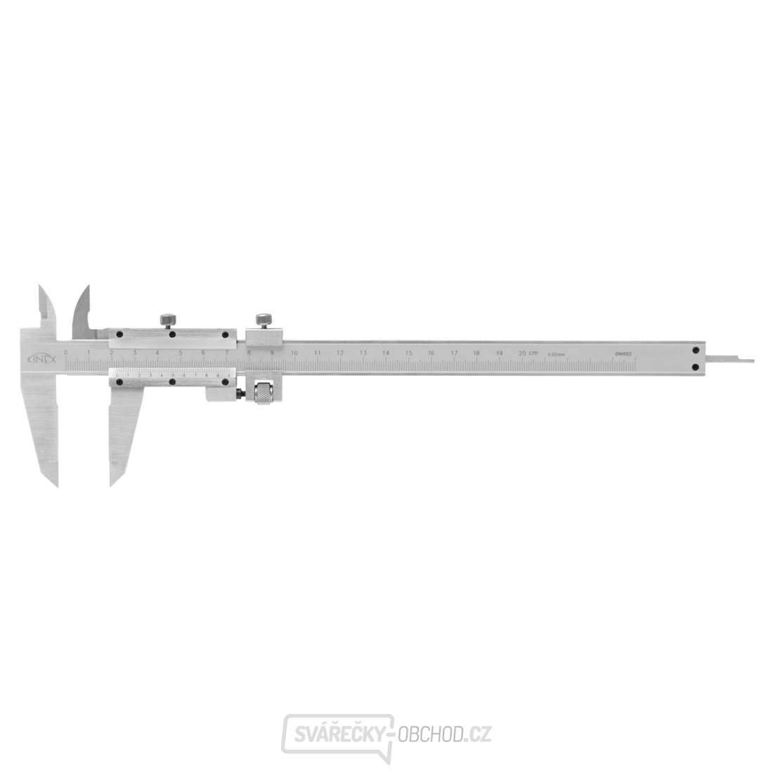 Posuvné měřítko KINEX 200 mm, 0,02 mm, jemné stavění, aretace šroubkem, ČSN 25 1238, DIN 862