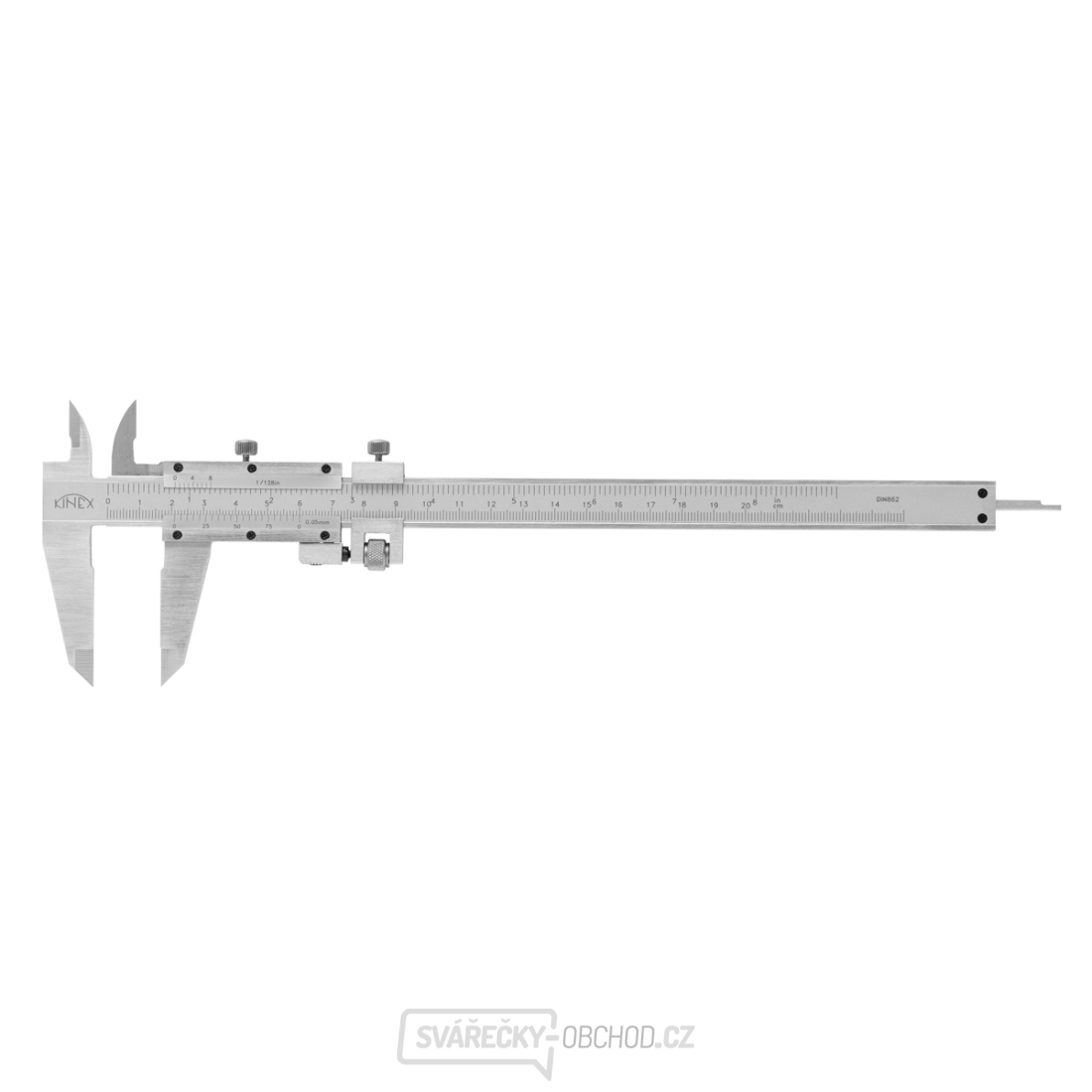 Posuvné měřítko s vnitřním měřením a hloubkoměrem KINEX 300 mm, 0,05 + 1/128 inch, jemné stavění, DIN 862