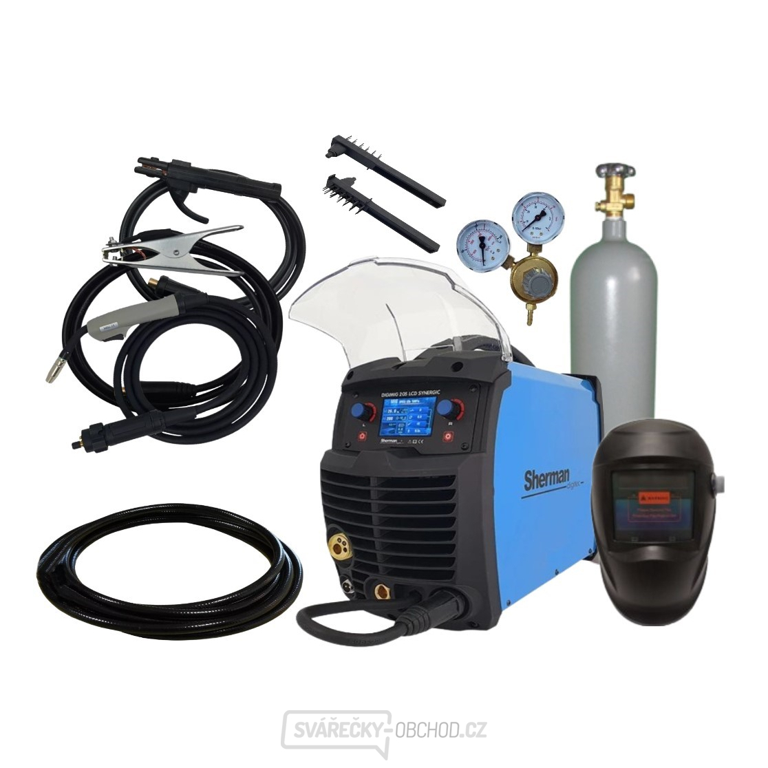 Sherman DIGIMIG  205 LCD SYNERGIC + Hořák 3m+ Kabely 2m + Kukla + Ventil + Hadice + plná Lahev CO2 