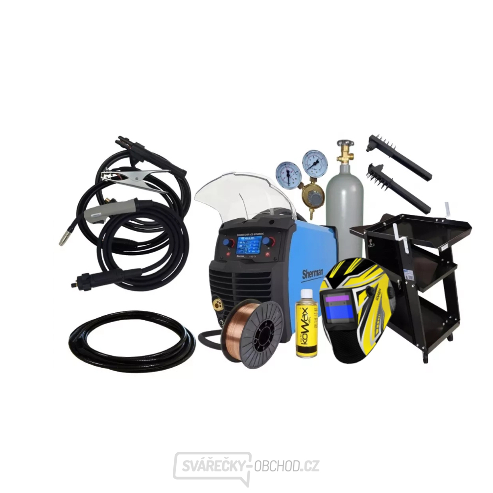 Sherman DIGIMIG 205 LCD SYNERGIC + Hořák 3m+ Kabely 2m + Drát + Sprej + Kukla + Vozík + Ventil + plná Lahev CO2 