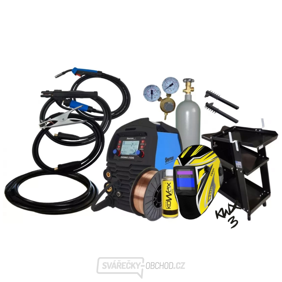 Sherman DIGIMIG 210XS + Hořák 3m + Kabely 2m + Drát + Sprej + Kukla + Vozík + Ventil + plná Lahev CO2