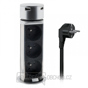Solight USB výsuvný blok zásuvek, 3 zásuvky, plast, délka 1,5m, 3 x 1mm2, stříbrný gallery main image