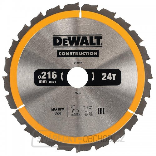 Pilový kotouč 216x30mm 24z ATB 5° DeWALT DT1952 Pilový kotouč 216x30mm 24z ATB 5° DeWALT DT1952 gallery main image