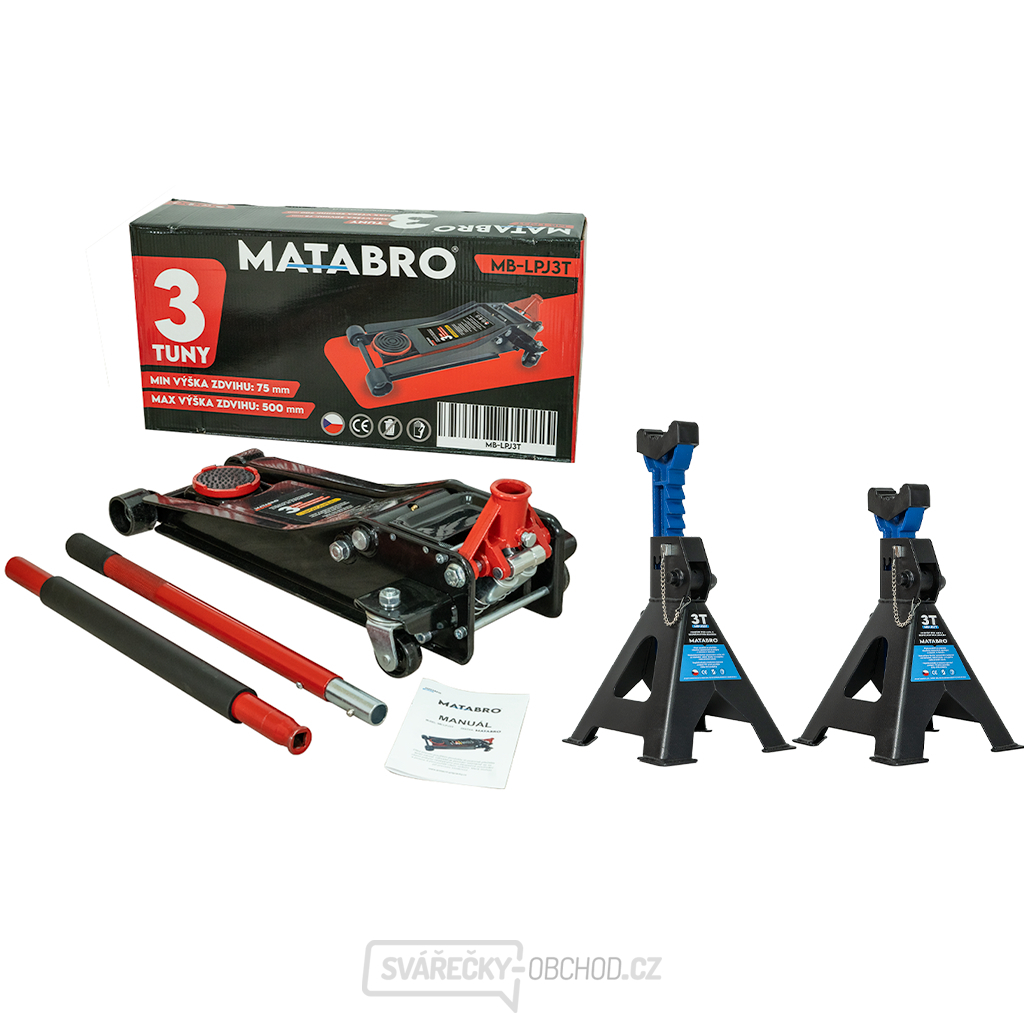 AKČNÍ SET Nízkoprofilový hydraulický zvedák (hever) s pojezdem MB-LPJ3T s podpěrami MB-JS3T 3t