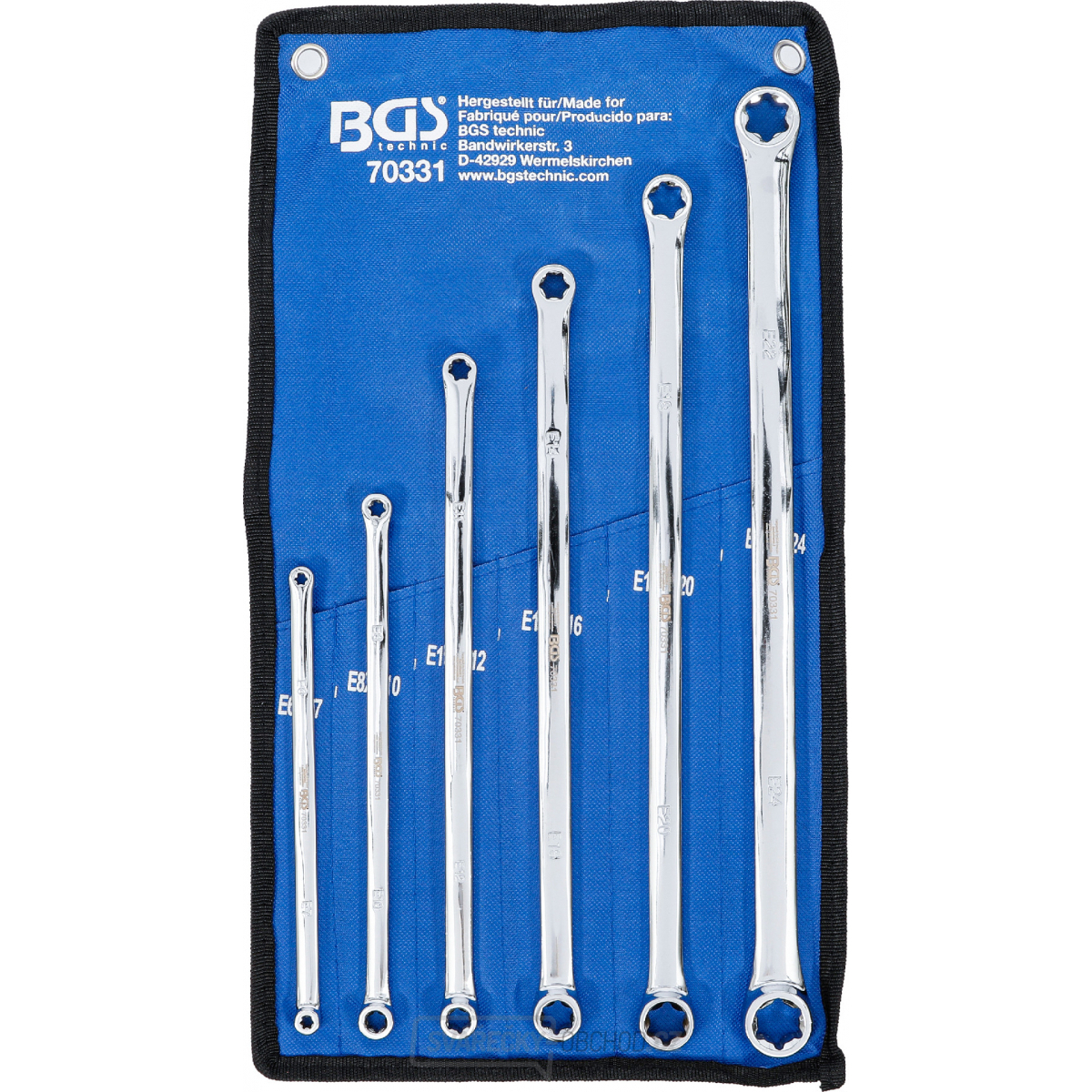 Sada oboustranných očkových klíčů s očkovými hlavami E-profil | extra dlouhé | E6 x E7 - E22 x E24 | 6dílná, BGS 70331