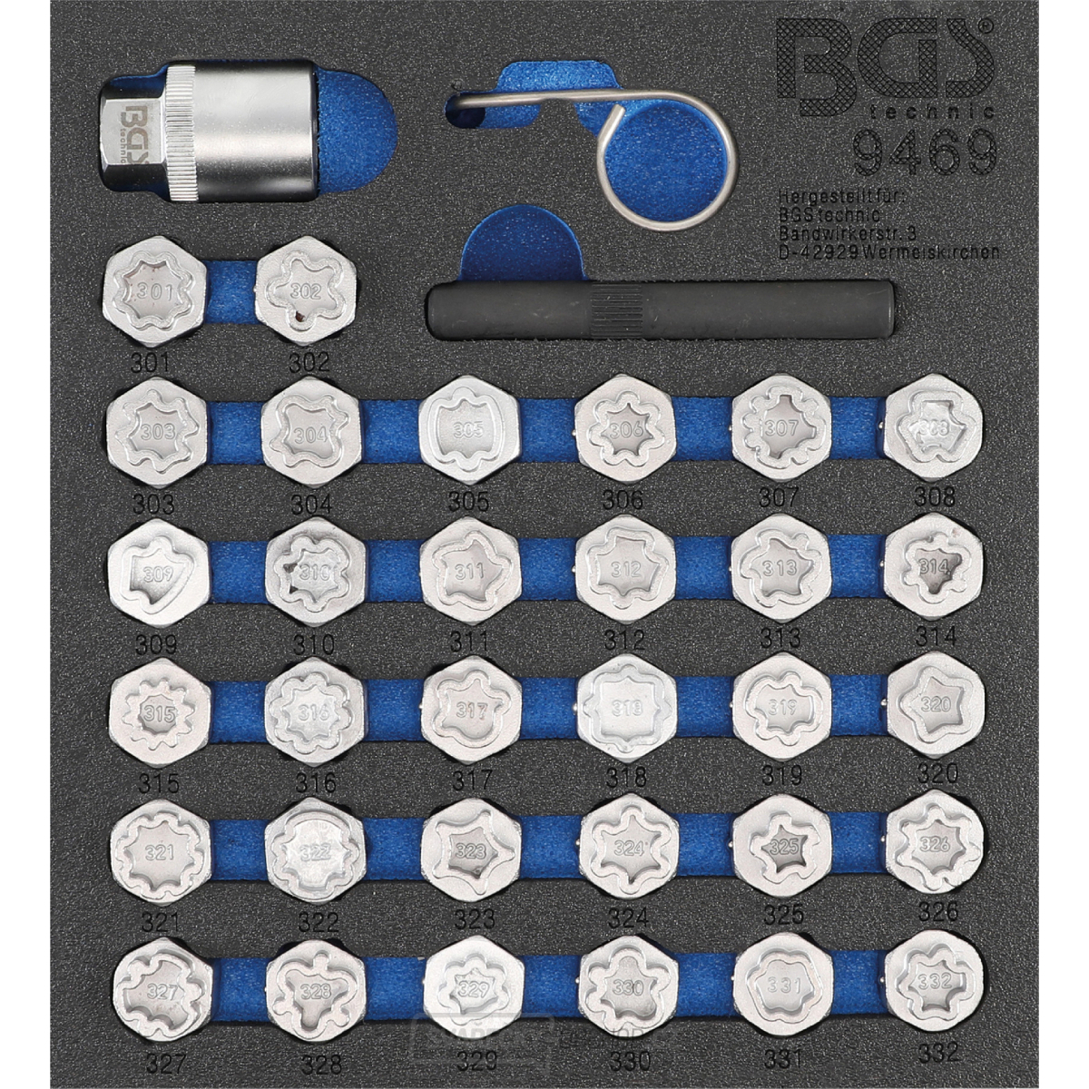 Vložka do dílenského vozíku 1/6: sada zástrčných hlavic pro bezpečnostní šrouby ráfků pro Mercedes-Benz | 35dílů, BGS 9469