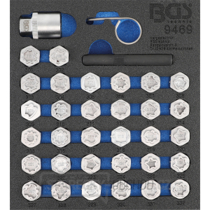 Vložka do dílenského vozíku 1/6: sada zástrčných hlavic pro bezpečnostní šrouby ráfků pro Mercedes-Benz | 35dílů, BGS 9469 Vložka do dílenského vozíku 1/6: sada zástrčných hlavic pro bezpečnostní šrouby ráfků pro Mercedes-Benz | 35dílů, BGS 9469 gallery main image