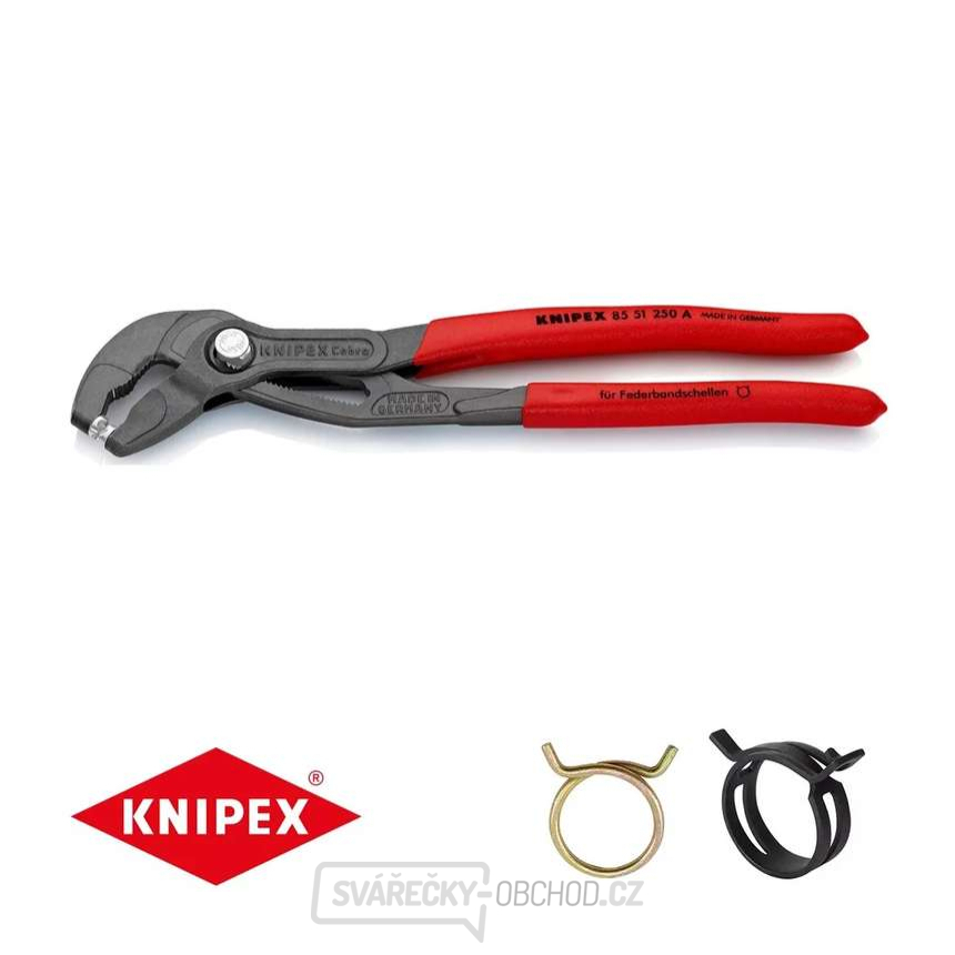 Kleště na hadicové spony KNIPEX 85 51 250 A, 250 mm - protiskluzová rukojeť, šedě fosfátované atramentolem