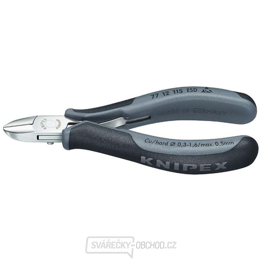 Boční štípací kleště pro elektroniku 115 mm KNIPEX 77 12 115 ESD - leštěná hlava, vícesložkové návleky Boční štípací kleště pro elektroniku 115 mm KNIPEX 77 12 115 ESD - leštěná hlava, vícesložkové návleky gallery main image