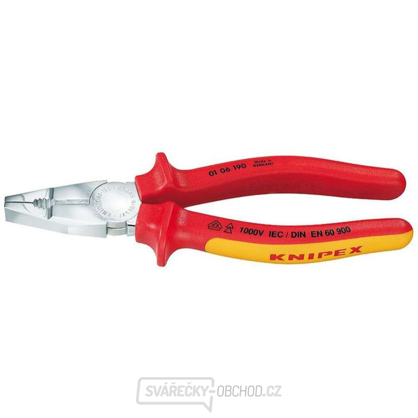Kombinované kleště 190 mm - 1000V. KNIPEX 01 06 190 - chromováno, vícesložkové návleky VDE Kombinované kleště 190 mm - 1000V. KNIPEX 01 06 190 - chromováno, vícesložkové návleky VDE gallery main image