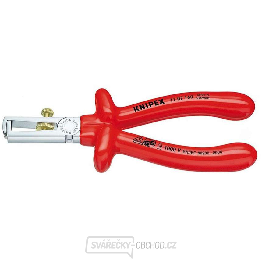 Odizolovací kleště 160 mm - 1000V. KNIPEX 11 07 160. Chromováno, izolováno ponorem - VDE Odizolovací kleště 160 mm - 1000V. KNIPEX 11 07 160. Chromováno, izolováno ponorem - VDE gallery main image