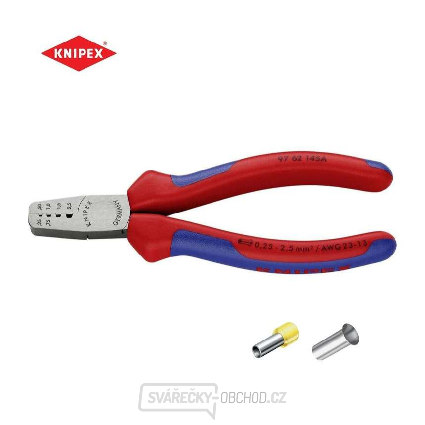 Lisovací kleště 145 mm na dutinky Knipex 97 62 145 A - leštěná hlava, vícesložkové návleky