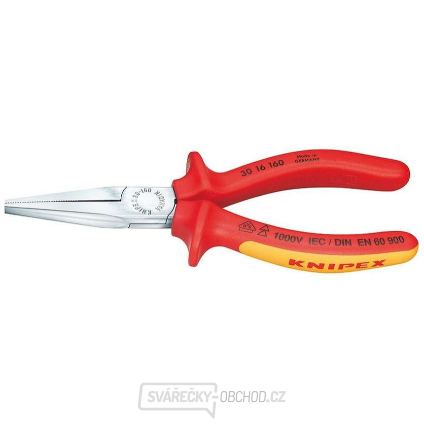 Ploché kleště typu Langbeck (s prodlouženými čelistmi) 160 mm - 1000V. KNIPEX 30 16 160 - chromováno, vícesložkové návleky VDE