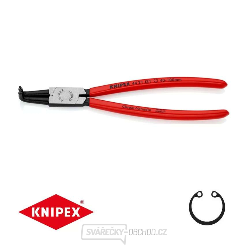 Kleště na pojistné kroužky 215 mm, vnitřní zahnuté. Knipex - 44 21 J31 - DIN 5256 D. Leštěno, potažené plastem