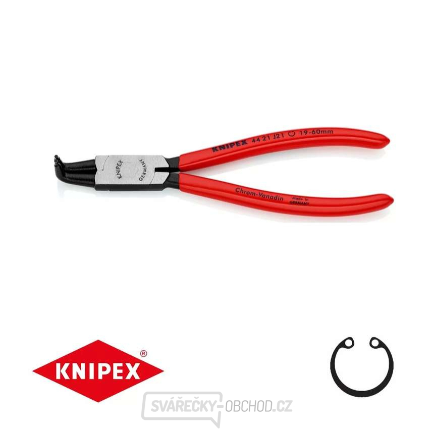 Kleště na pojistné kroužky 170 mm, vnitřní zahnuté. Knipex - 44 21 J21 - DIN 5256 D. Leštěno, potažené plastem