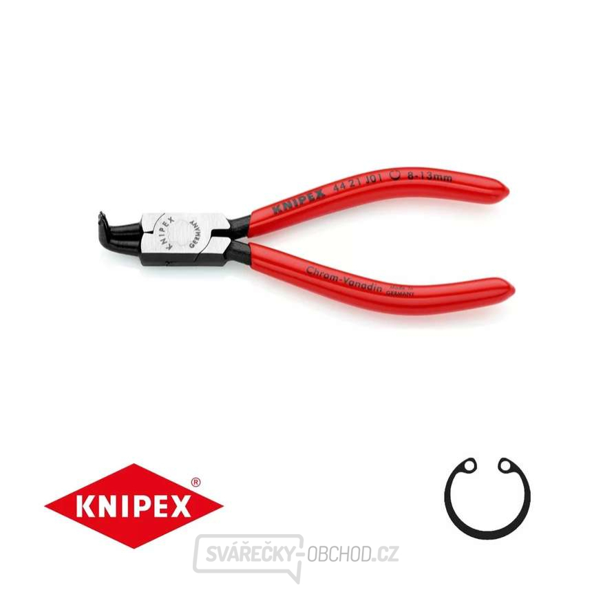 Kleště na pojistné kroužky 130 mm, vnitřní zahnuté. Knipex 44 21 J01 - DIN 5256 D. Leštěno, potažené plastem