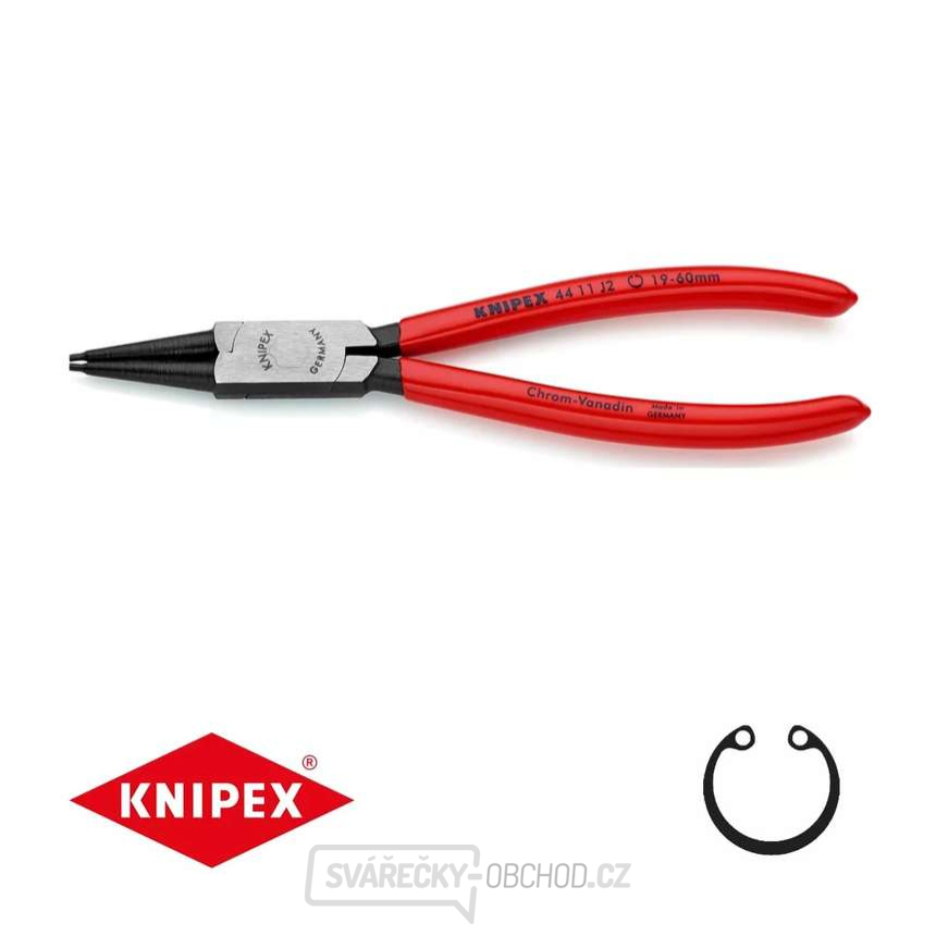 Kleště na pojistné kroužky 180 mm, vnitřní rovné. Knipex - 44 11 J2 - DIN 5265 C. Leštěno, potaženo plastem