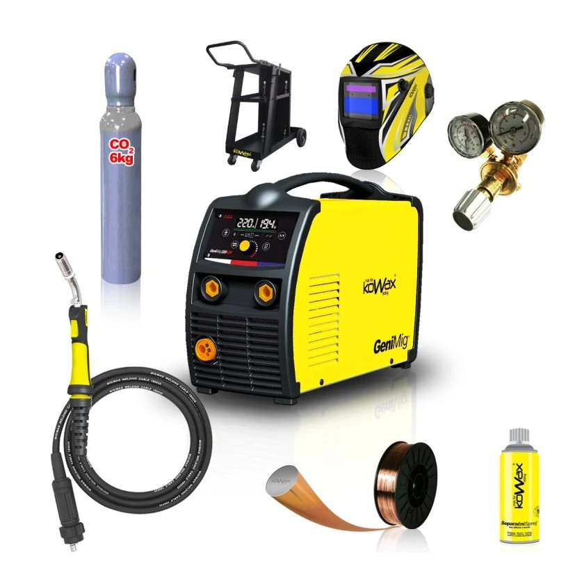 Kowax Genimig 220 LCD + Hořák + Kabely + Red. Ventil + Kukla + Drát + Sprej + Vozík + Redukce + plná Láhev Co2 KWXSTGM220LCD_SVA01
