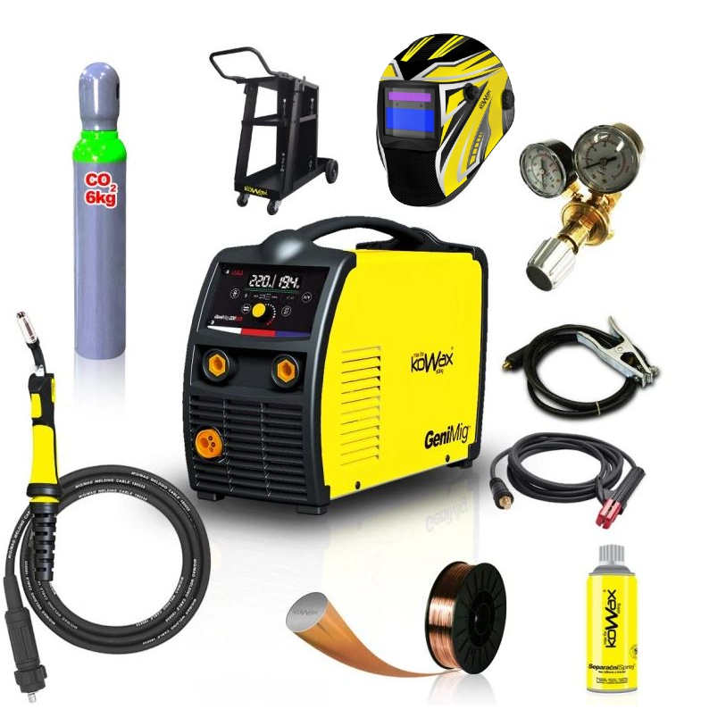 Levně Kowax Genimig 220 LCD + Hořák + Kabely + Red. Ventil + Kukla + Drát + Sprej + Vozík + Redukce + plná Láhev Co2 KWXSTGM220LCD_SVA01