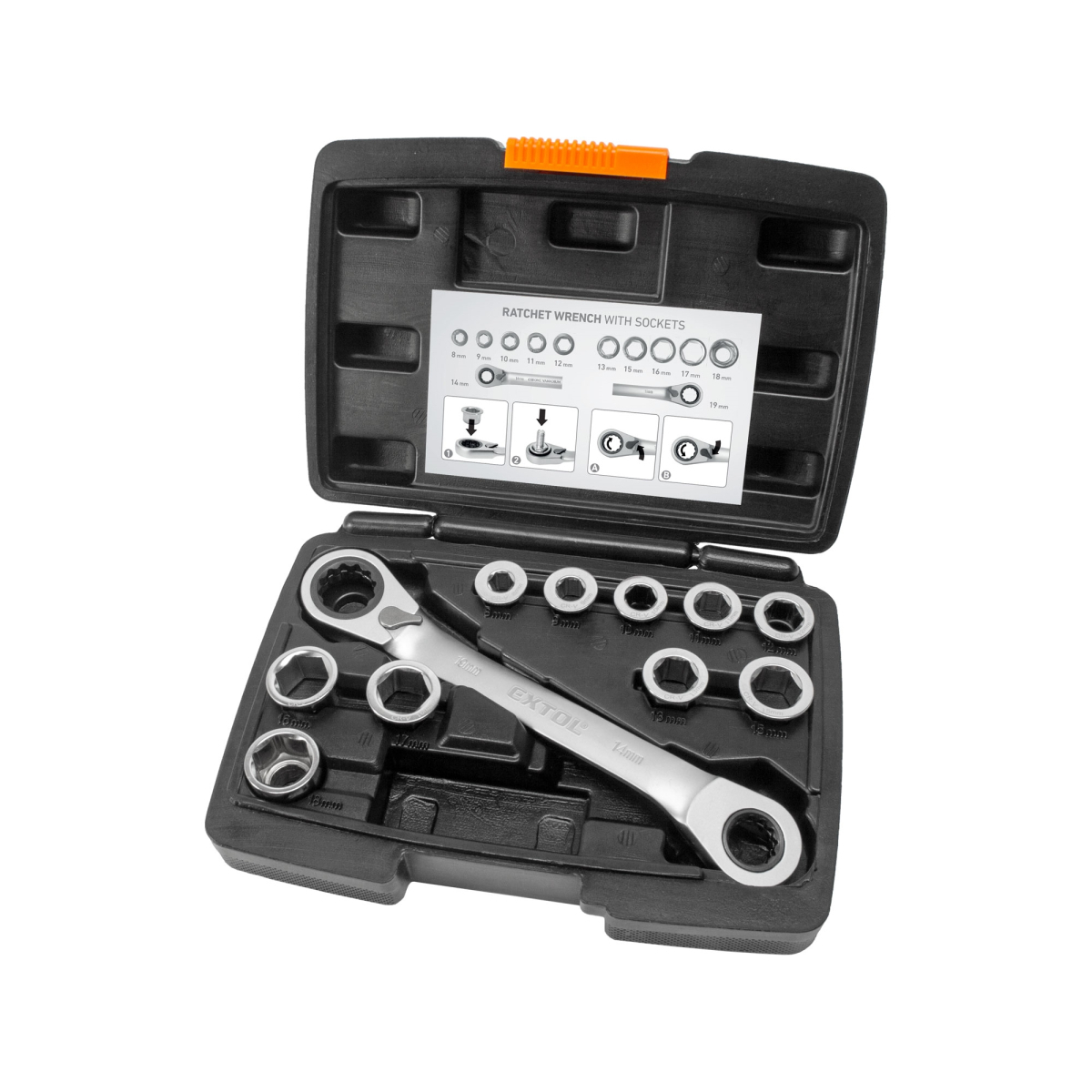 EXTOL PREMIUM Klíč ráčnový tvarovaný a vložky, sada 11ks, 8-19mm, CrV 8816101