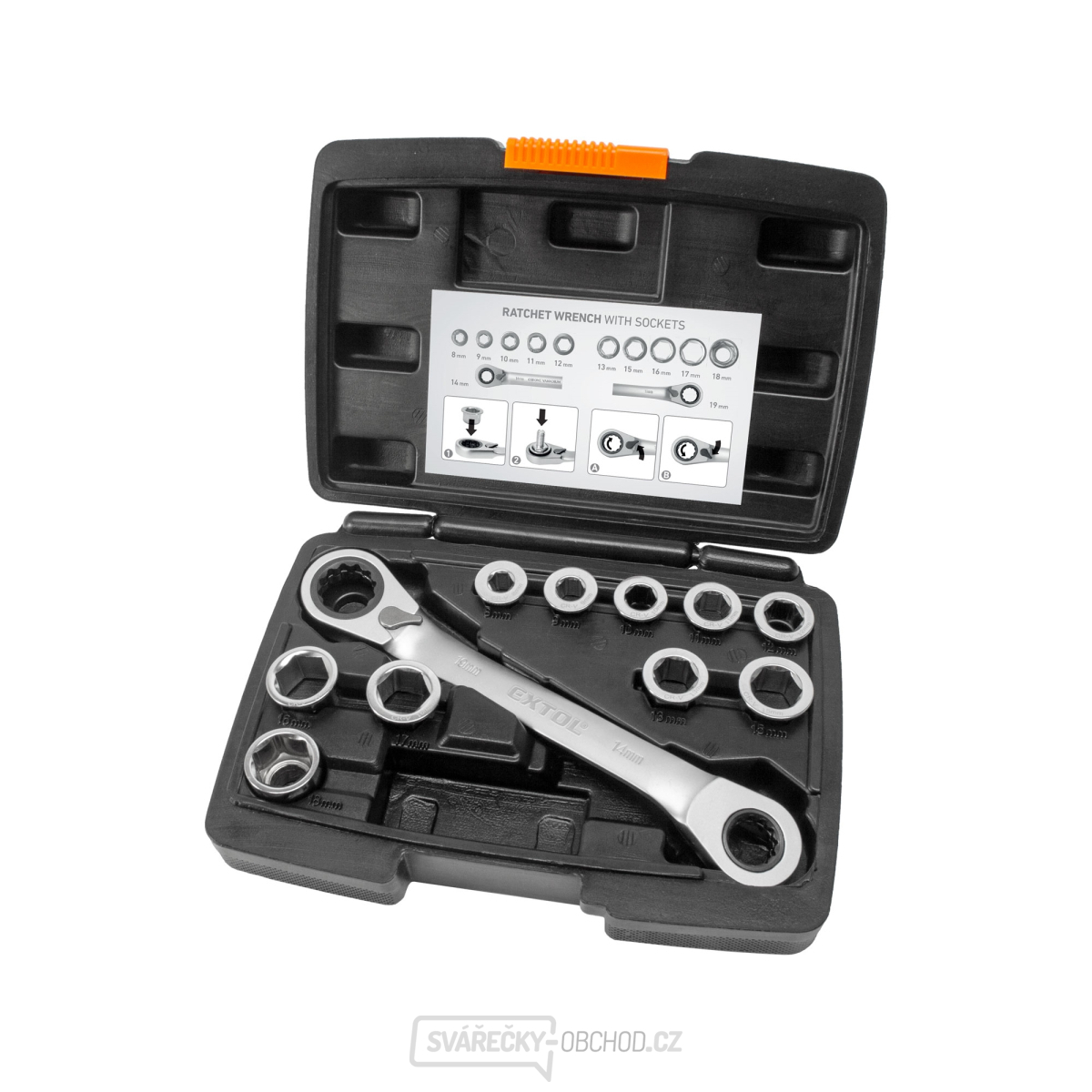 Klíč ráčnový tvarovaný a vložky, sada 11ks, 8-19mm, CrV