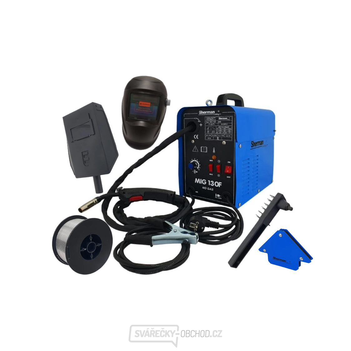 Sherman  svářečka MIG 130F (pouze pro trubičkové dráty) + hořák + kabely + štít + kladivo+ kukla + drát + magnet
